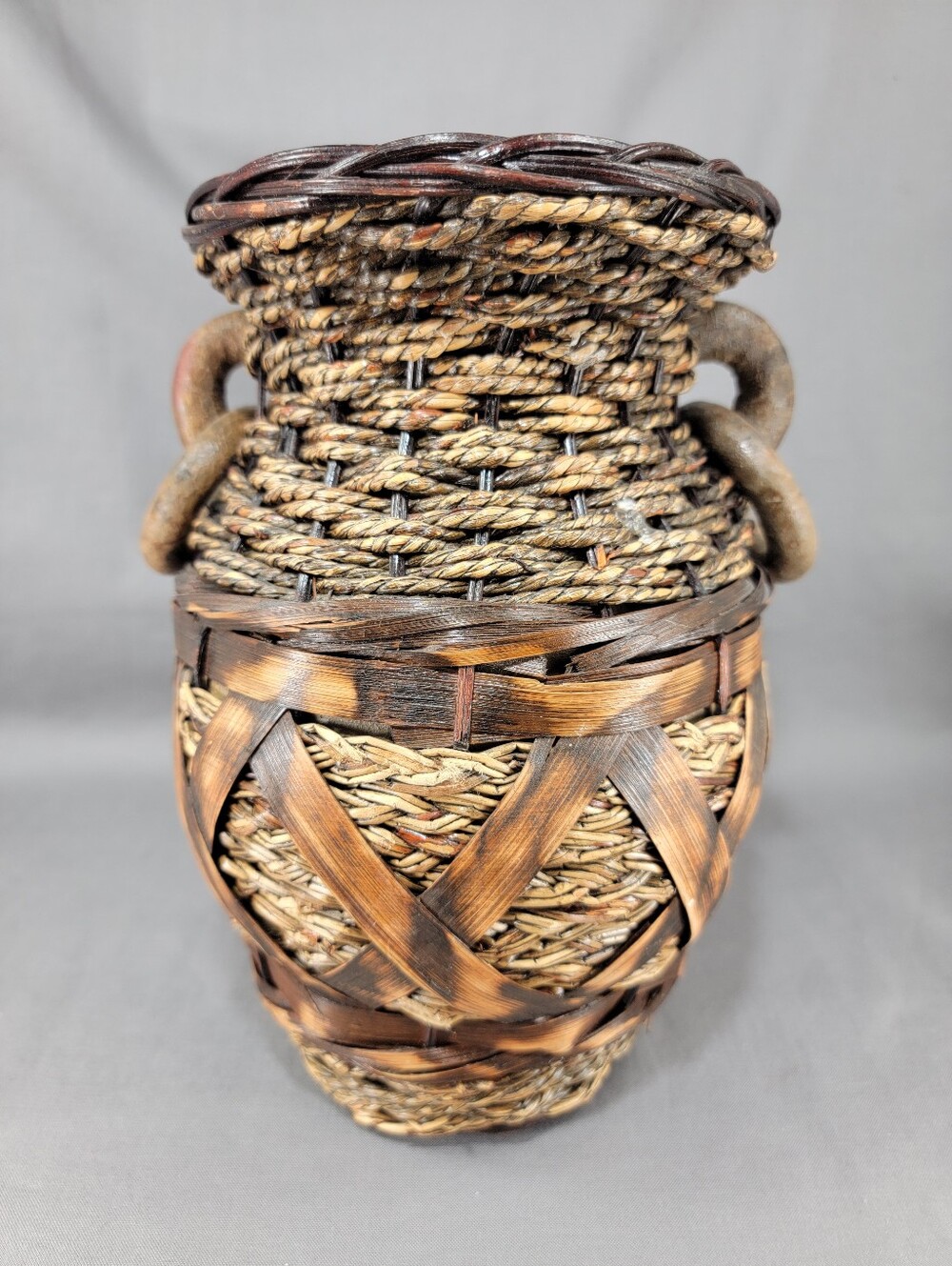 Boho Primitive Woven Wicker Rattan Wrapped Clay Vase Urn Handles Rustic Decor